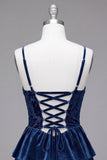 Navy Velvet A Line Corset Tiered Ruffle Short Homecoming Dress