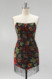 Black Floral Bodycon Strapless Homecoming Dress with Tassles