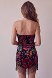 Black Floral Bodycon Strapless Homecoming Dress with Tassles