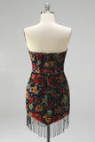 Black Floral Bodycon Strapless Homecoming Dress with Tassles