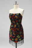 Black Floral Bodycon Strapless Homecoming Dress with Tassles