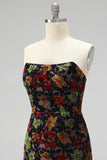 Black Floral Bodycon Strapless Homecoming Dress with Tassles