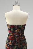 Black Floral Bodycon Strapless Homecoming Dress with Tassles