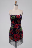 Black Floral Bodycon Strapless Homecoming Dress with Tassles