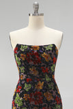 Black Floral Bodycon Strapless Homecoming Dress with Tassles