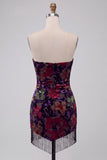 Black Floral Bodycon Strapless Homecoming Dress with Tassles
