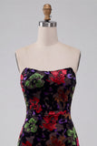 Black Floral Bodycon Strapless Homecoming Dress with Tassles