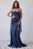 Navy Velvet Strapless Mermaid Long Formal Dress with Scarf