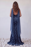 Navy Velvet Strapless Mermaid Long Formal Dress with Scarf