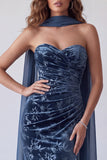 Navy Velvet Strapless Mermaid Long Formal Dress with Scarf