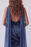 Navy Velvet Strapless Mermaid Long Formal Dress with Scarf