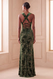 Eucalyptus Burnout Velvet Ruched Sheath Long Formal Dress