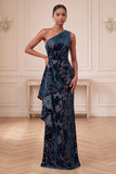 One Shoulder Navy Sheath Burnout Velvet Long Formal Dress with Sash
