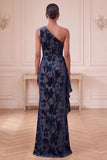 One Shoulder Navy Sheath Burnout Velvet Long Formal Dress with Sash