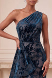 One Shoulder Navy Sheath Burnout Velvet Long Formal Dress with Sash
