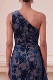 One Shoulder Navy Sheath Burnout Velvet Long Formal Dress with Sash