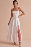 Strapless White Jacquard Corset A Line Engagement Dress with Slit