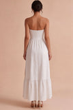 Strapless White Jacquard Corset A Line Engagement Dress with Slit