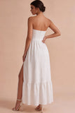 Strapless White Jacquard Corset A Line Engagement Dress with Slit