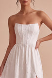 Strapless White Jacquard Corset A Line Engagement Dress with Slit