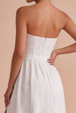 Strapless White Jacquard Corset A Line Engagement Dress with Slit