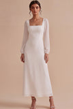 Modest White Square Neck Civil Ceremony Dress with Long Sleeves