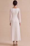 Modest White Square Neck Civil Ceremony Dress with Long Sleeves