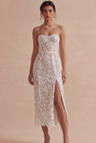 White Corset Lace Sheath Midi Engagement Dress with Slit