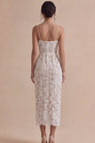 White Corset Lace Sheath Midi Engagement Dress with Slit