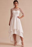 White Illusion Neck A-Line High-Low Engagement Dress with 3/4 Sleeves