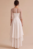 White Illusion Neck A-Line High-Low Engagement Dress with 3/4 Sleeves