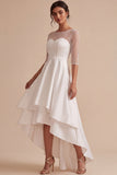 White Illusion Neck A-Line High-Low Engagement Dress with 3/4 Sleeves