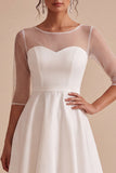 White Illusion Neck A-Line High-Low Engagement Dress with 3/4 Sleeves