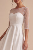 White Illusion Neck A-Line High-Low Engagement Dress with 3/4 Sleeves