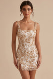Champagne Bodycon Square Neck Beaded Sequin Homecoming Dress