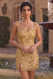 Champagne Bodycon Square Neck Beaded Sequin Homecoming Dress