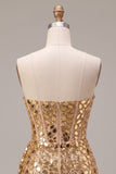 Sparkly Gold Sequin Strapless Corset Short Homecoming Dress with Sash