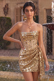 Sparkly Gold Sequin Strapless Corset Short Homecoming Dress with Sash