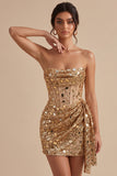 Sparkly Gold Sequin Strapless Corset Short Homecoming Dress with Sash