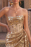Sparkly Gold Sequin Strapless Corset Short Homecoming Dress with Sash