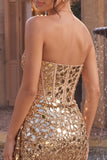 Sparkly Gold Sequin Strapless Corset Short Homecoming Dress with Sash