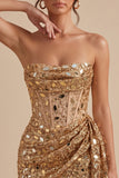 Sparkly Gold Sequin Strapless Corset Short Homecoming Dress with Sash