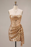 Sparkly Gold Sequin Strapless Corset Short Homecoming Dress with Sash