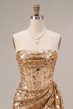 Sparkly Gold Sequin Strapless Corset Short Homecoming Dress with Sash