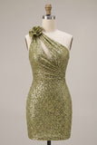 One Shoulder Dark Green Sequin Homecoming Dress