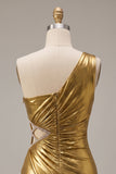 Metallic Gold One Shoulder Ruched Bodycon Short Homecoming Dress