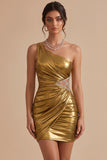 Metallic Gold One Shoulder Ruched Bodycon Short Homecoming Dress