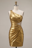 Metallic Gold One Shoulder Ruched Bodycon Short Homecoming Dress