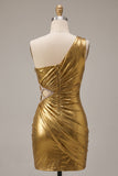 Metallic Gold One Shoulder Ruched Bodycon Short Homecoming Dress