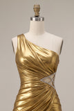 Metallic Gold One Shoulder Ruched Bodycon Short Homecoming Dress